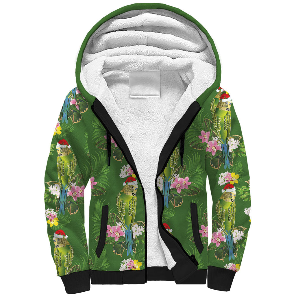 Aussie Santa Budgie Christmas Sherpa Hoodie Green Parakeet Tropical Floral