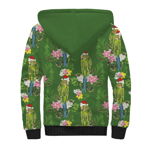 Aussie Santa Budgie Christmas Sherpa Hoodie Green Parakeet Tropical Floral