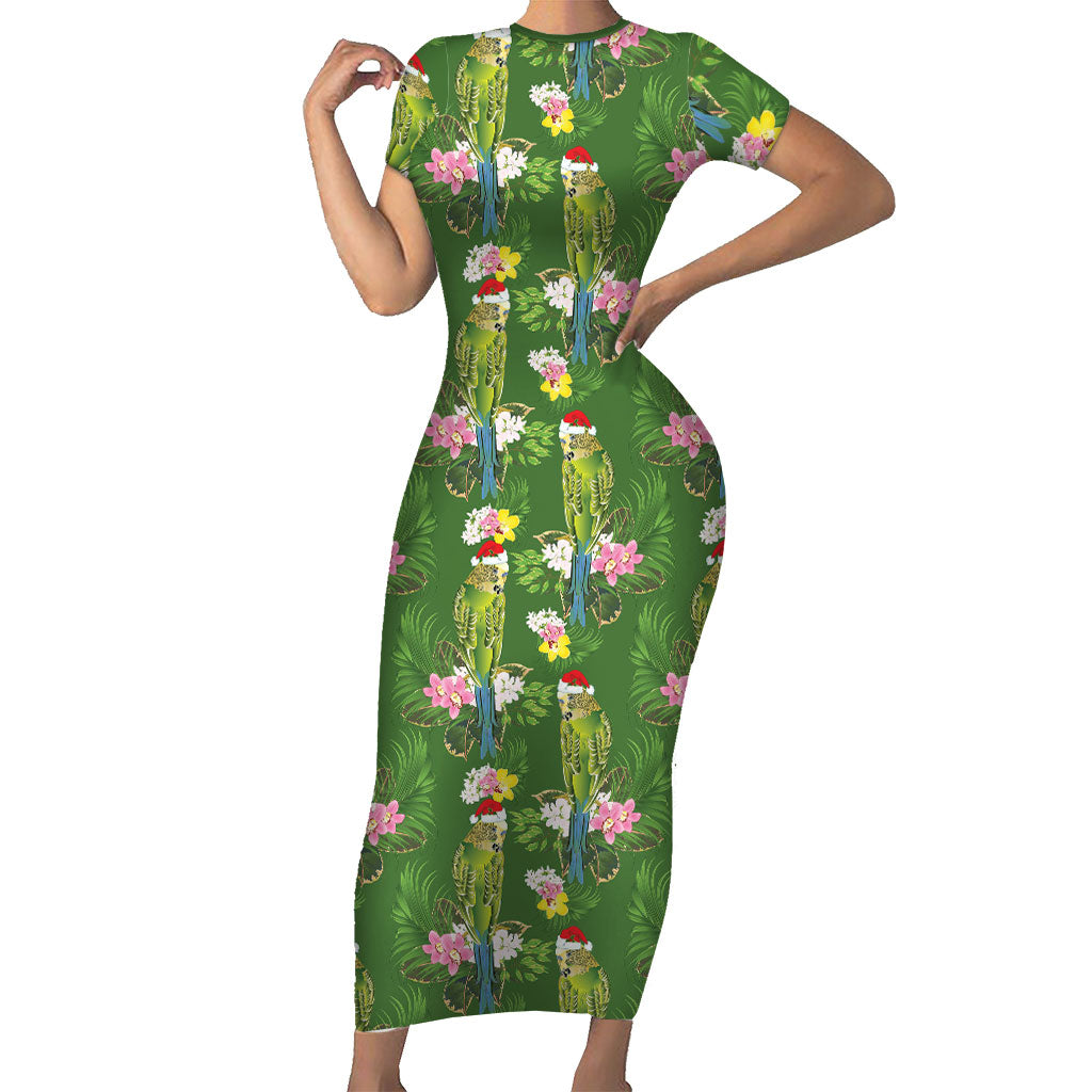 Aussie Santa Budgie Christmas Short Sleeve Bodycon Dress Green Parakeet Tropical Floral