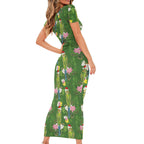 Aussie Santa Budgie Christmas Short Sleeve Bodycon Dress Green Parakeet Tropical Floral
