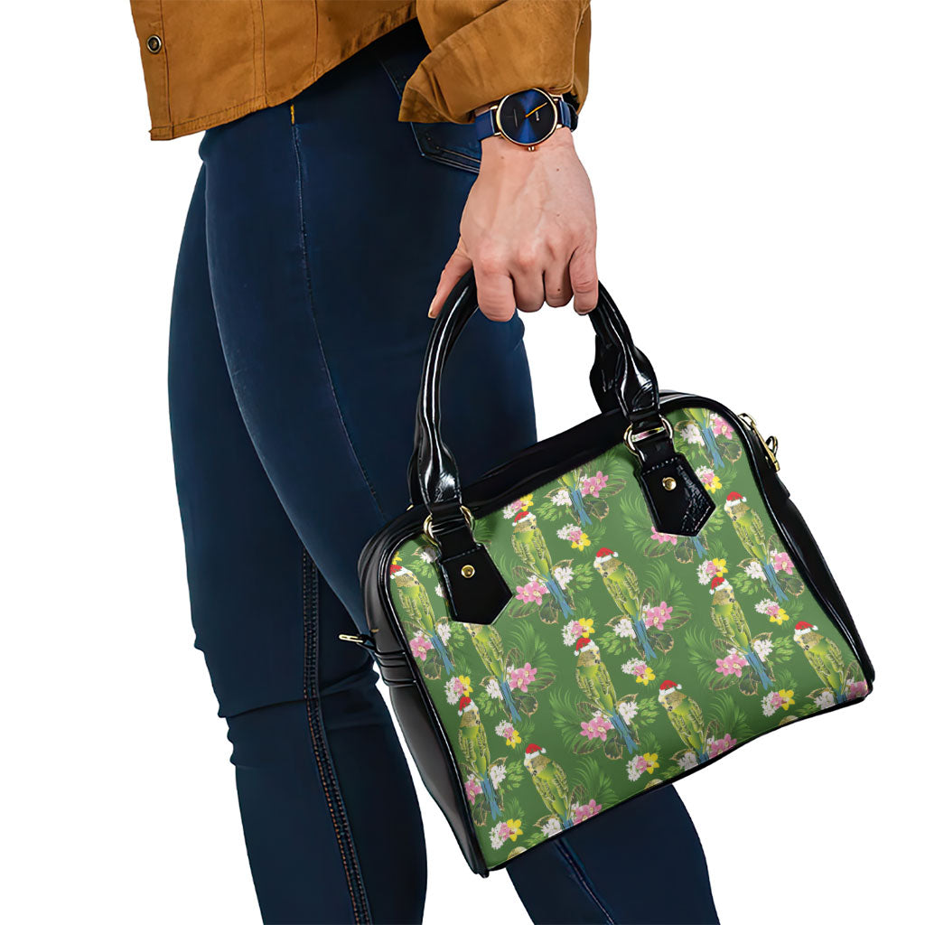 Aussie Santa Budgie Christmas Shoulder Handbag Green Parakeet Tropical Floral