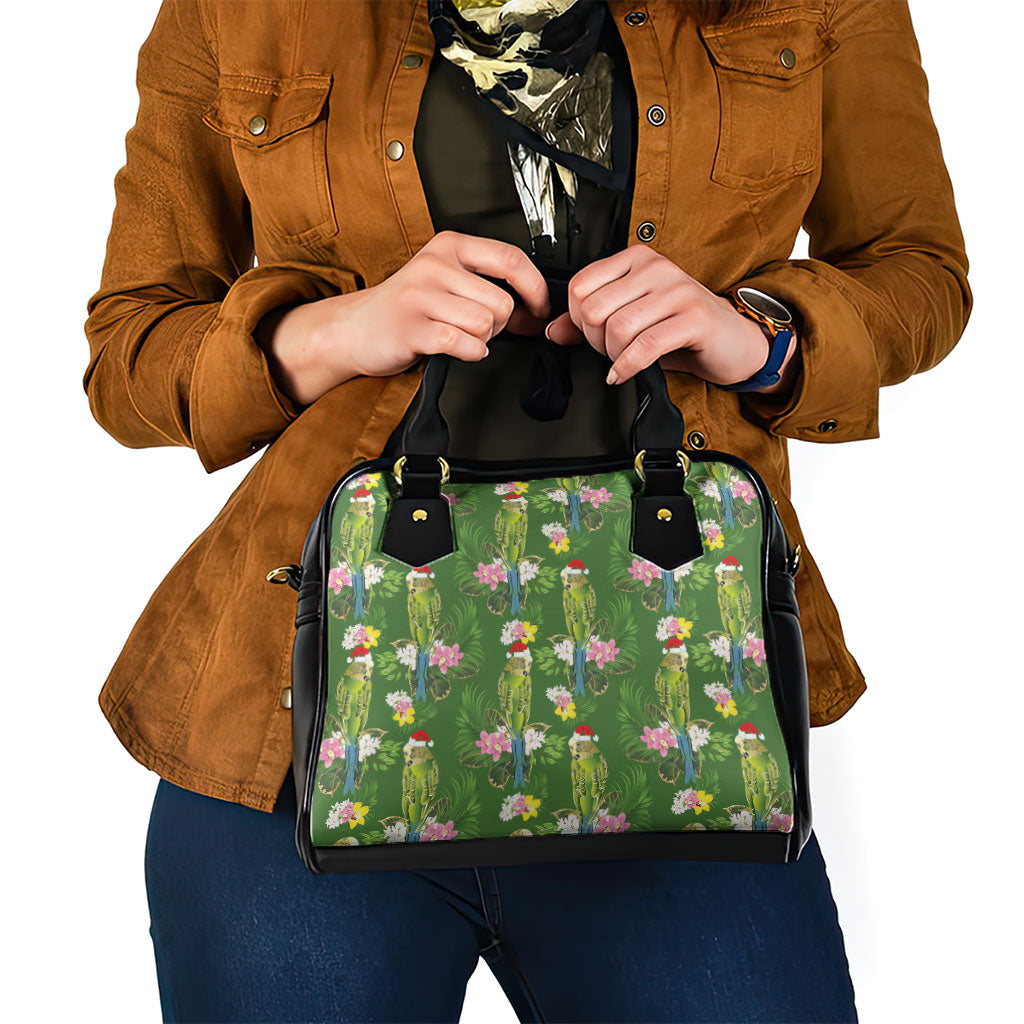 Aussie Santa Budgie Christmas Shoulder Handbag Green Parakeet Tropical Floral