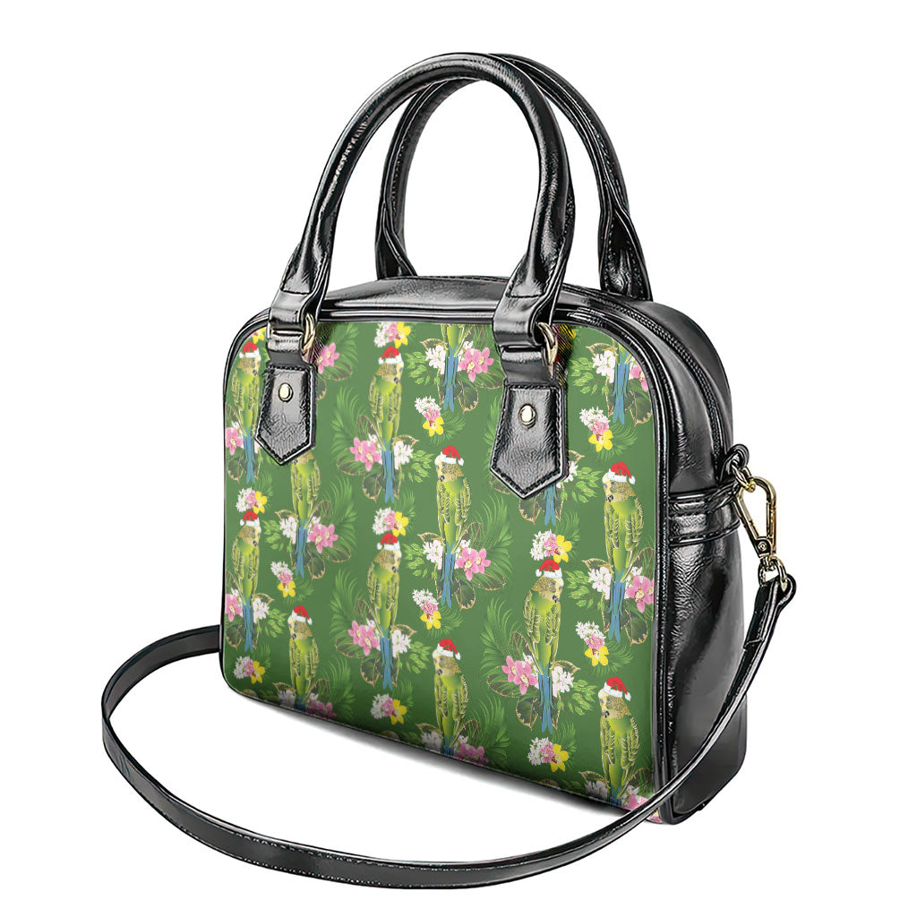 Aussie Santa Budgie Christmas Shoulder Handbag Green Parakeet Tropical Floral