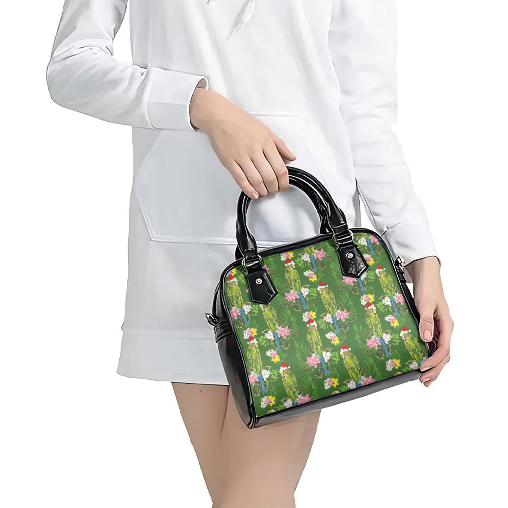 Aussie Santa Budgie Christmas Shoulder Handbag Green Parakeet Tropical Floral