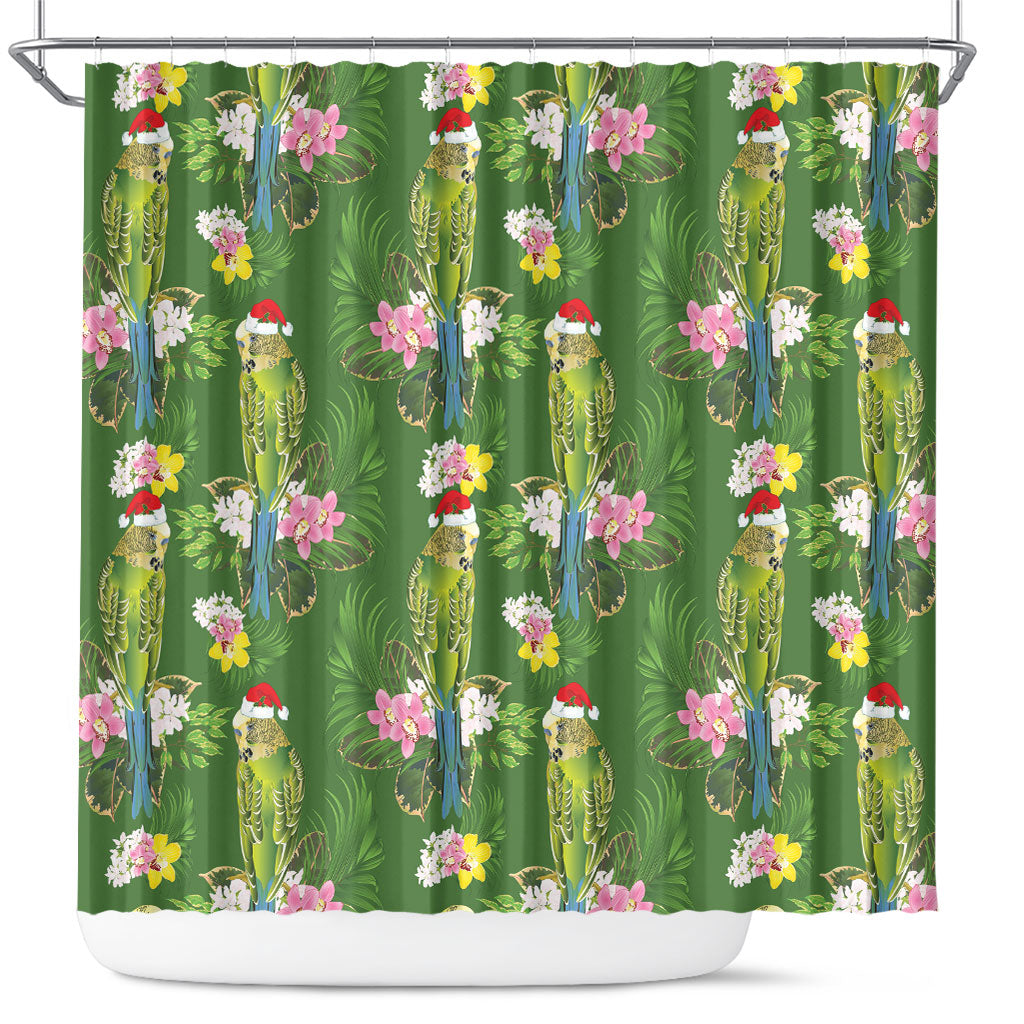 Aussie Santa Budgie Christmas Shower Curtain Green Parakeet Tropical Floral