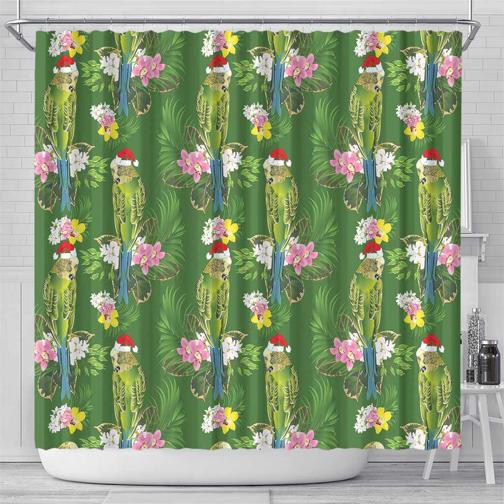 Aussie Santa Budgie Christmas Shower Curtain Green Parakeet Tropical Floral