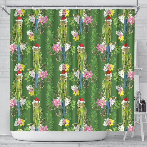 Aussie Santa Budgie Christmas Shower Curtain Green Parakeet Tropical Floral