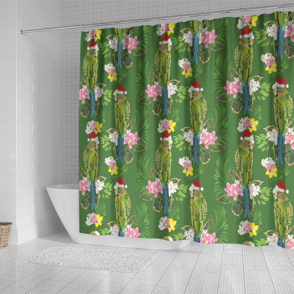 Aussie Santa Budgie Christmas Shower Curtain Green Parakeet Tropical Floral