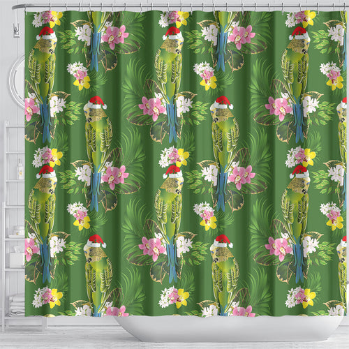 Aussie Santa Budgie Christmas Shower Curtain Green Parakeet Tropical Floral