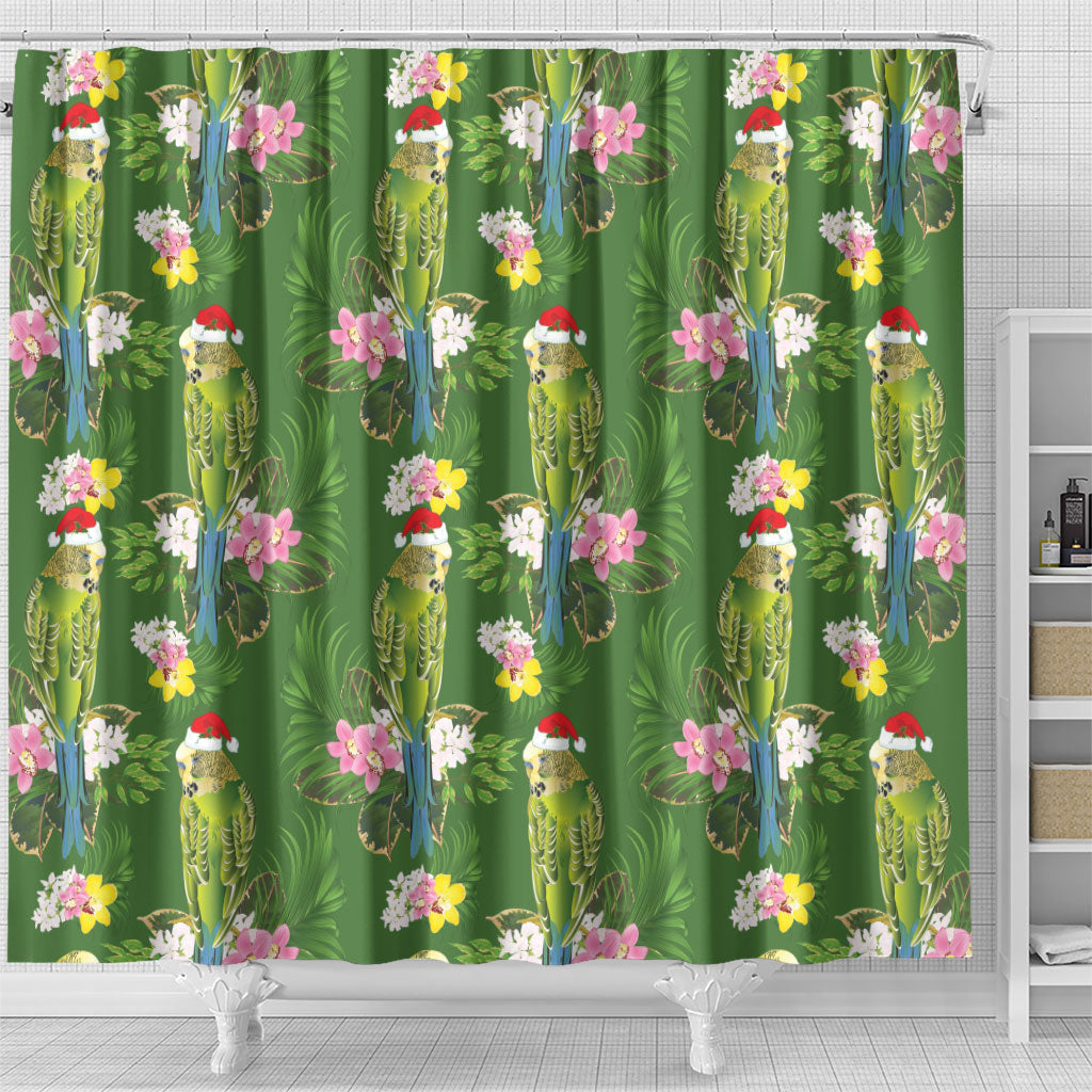 Aussie Santa Budgie Christmas Shower Curtain Green Parakeet Tropical Floral