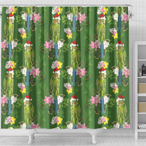 Aussie Santa Budgie Christmas Shower Curtain Green Parakeet Tropical Floral