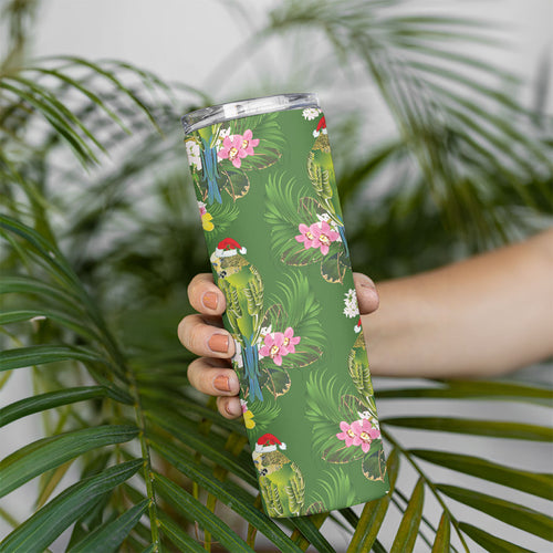 Aussie Santa Budgie Christmas Skinny Tumbler Green Parakeet Tropical Floral