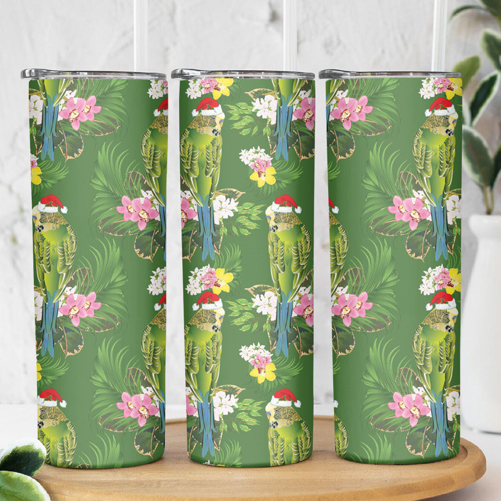 Aussie Santa Budgie Christmas Skinny Tumbler Green Parakeet Tropical Floral
