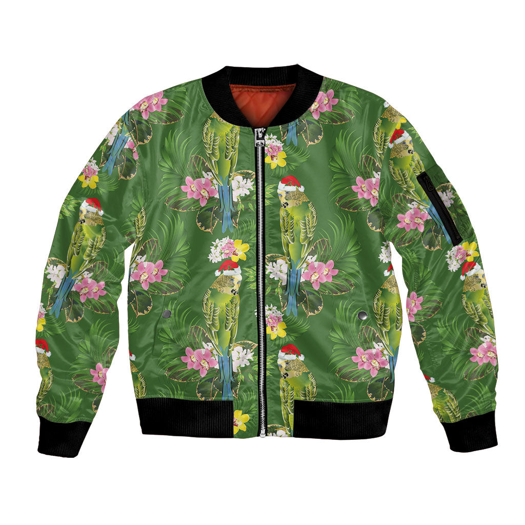 Aussie Santa Budgie Christmas Sleeve Zip Bomber Jacket Green Parakeet Tropical Floral