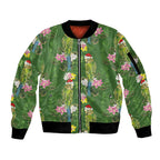 Aussie Santa Budgie Christmas Sleeve Zip Bomber Jacket Green Parakeet Tropical Floral