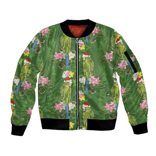 Aussie Santa Budgie Christmas Sleeve Zip Bomber Jacket Green Parakeet Tropical Floral