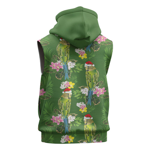 Aussie Santa Budgie Christmas Sleeveless Hoodie Green Parakeet Tropical Floral