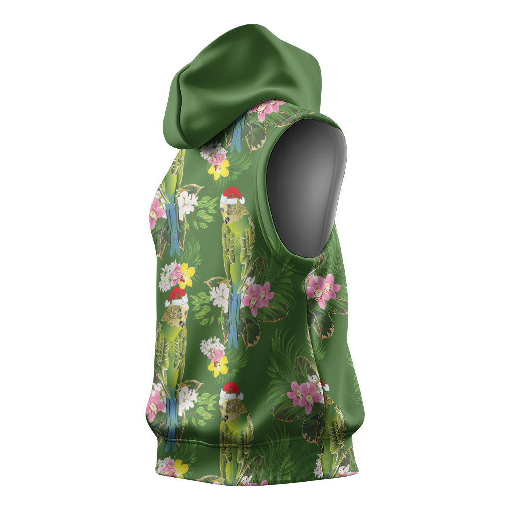 Aussie Santa Budgie Christmas Sleeveless Hoodie Green Parakeet Tropical Floral