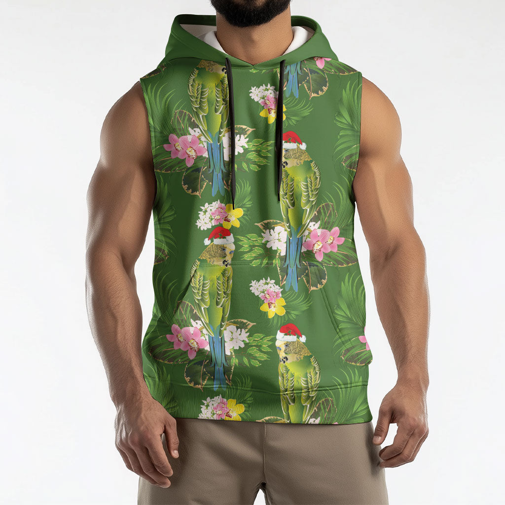 Aussie Santa Budgie Christmas Sleeveless Hoodie Green Parakeet Tropical Floral
