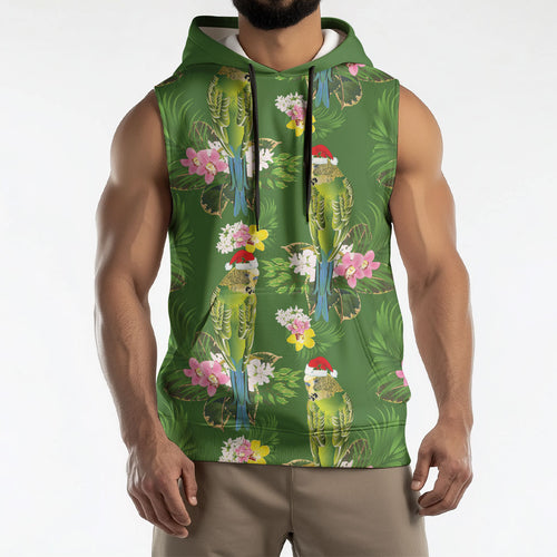 Aussie Santa Budgie Christmas Sleeveless Hoodie Green Parakeet Tropical Floral