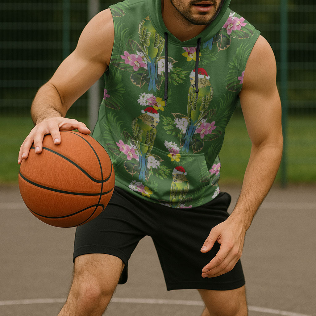 Aussie Santa Budgie Christmas Sleeveless Hoodie Green Parakeet Tropical Floral