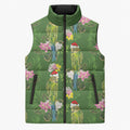 Aussie Santa Budgie Christmas Sleeveless Puffer Jacket Green Parakeet Tropical Floral