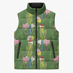 Aussie Santa Budgie Christmas Sleeveless Puffer Jacket Green Parakeet Tropical Floral