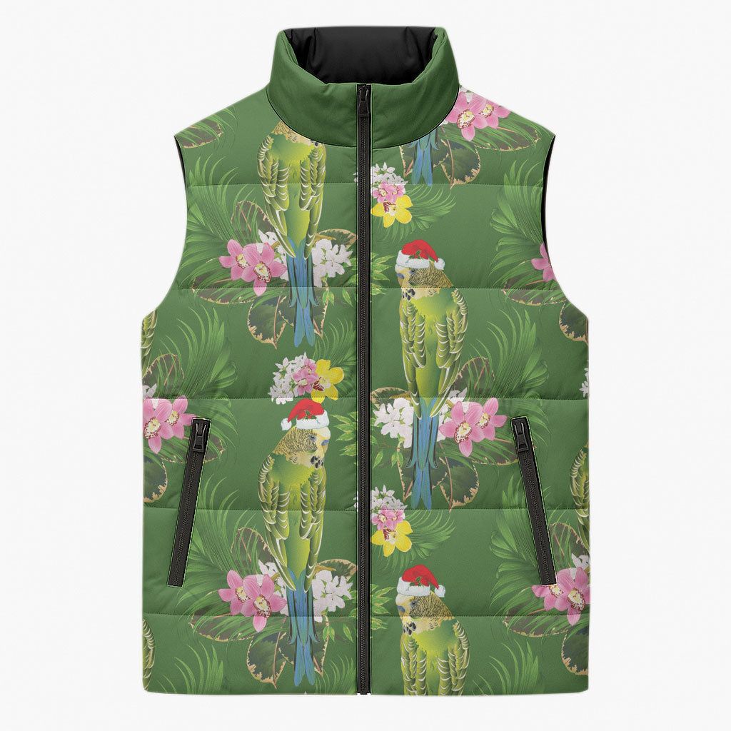 Aussie Santa Budgie Christmas Sleeveless Puffer Jacket Green Parakeet Tropical Floral