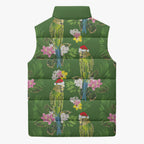 Aussie Santa Budgie Christmas Sleeveless Puffer Jacket Green Parakeet Tropical Floral