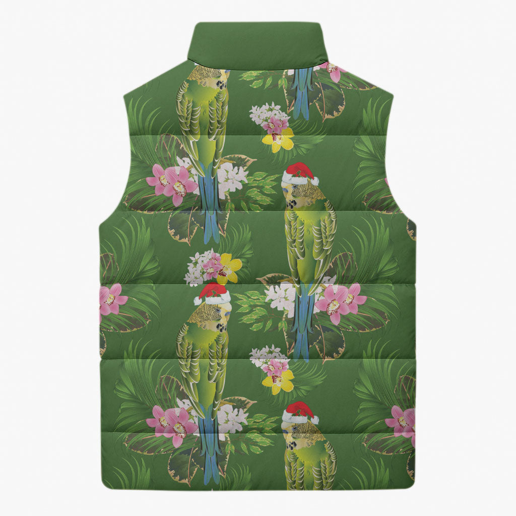 Aussie Santa Budgie Christmas Sleeveless Puffer Jacket Green Parakeet Tropical Floral