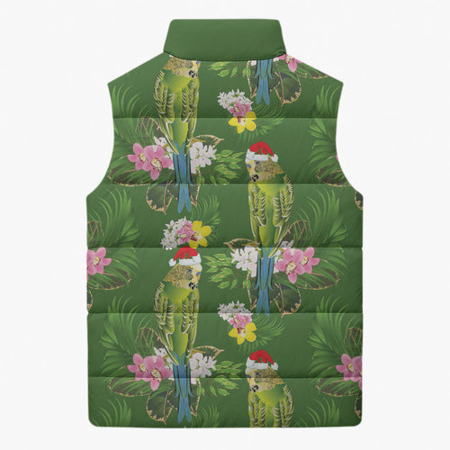 Aussie Santa Budgie Christmas Sleeveless Puffer Jacket Green Parakeet Tropical Floral