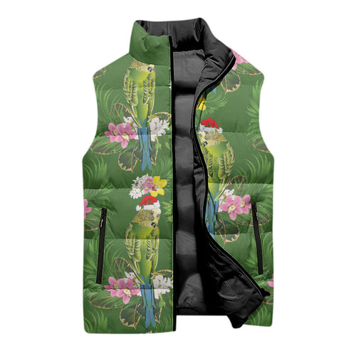 Aussie Santa Budgie Christmas Sleeveless Puffer Jacket Green Parakeet Tropical Floral
