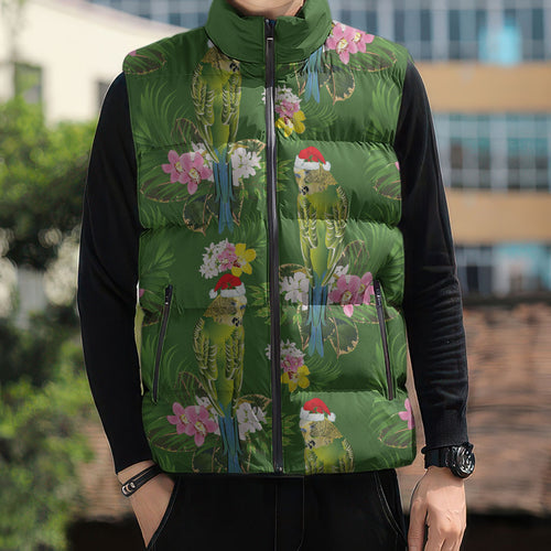 Aussie Santa Budgie Christmas Sleeveless Puffer Jacket Green Parakeet Tropical Floral