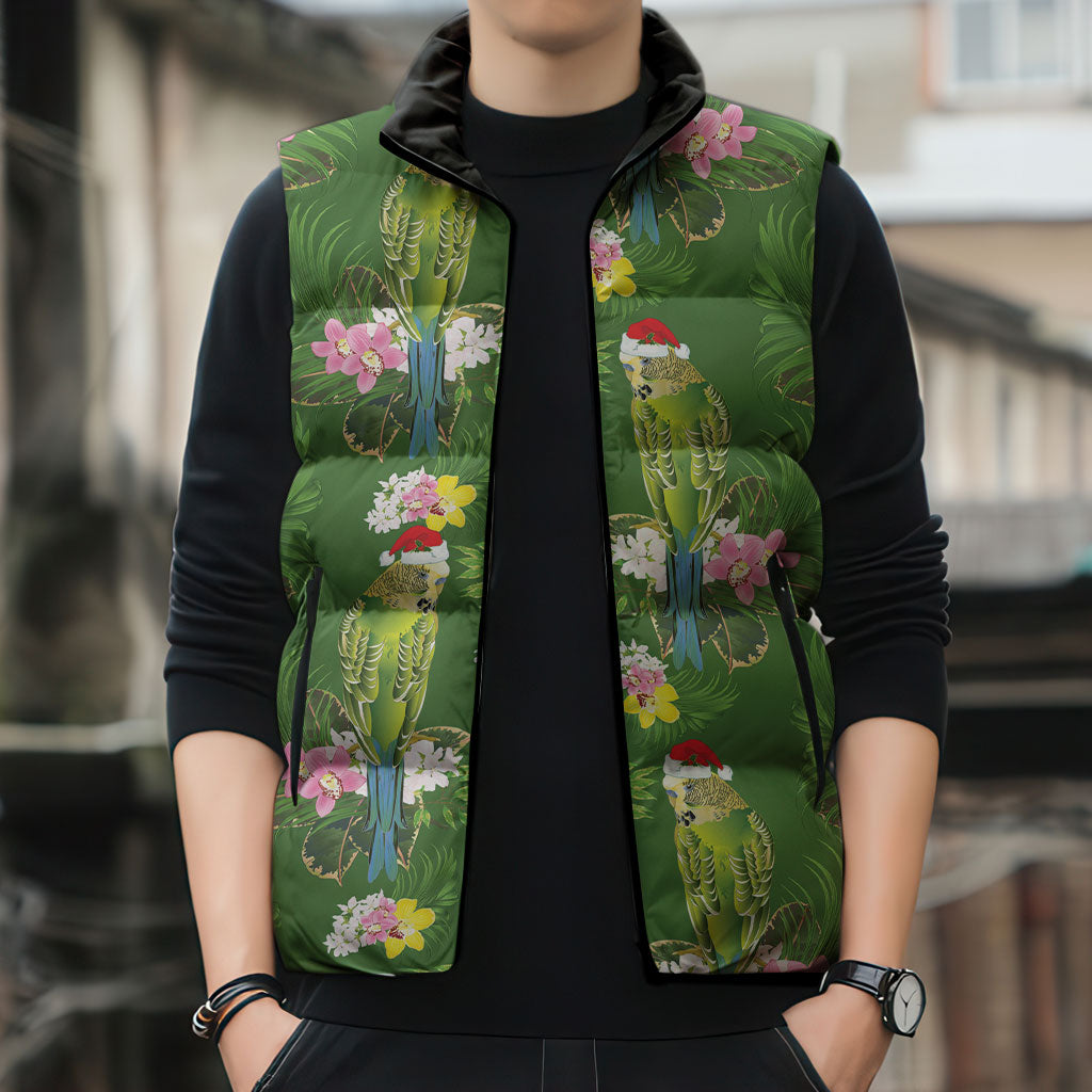 Aussie Santa Budgie Christmas Sleeveless Puffer Jacket Green Parakeet Tropical Floral