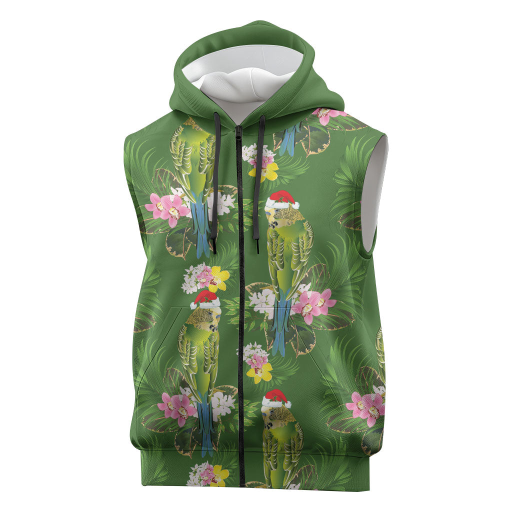 Aussie Santa Budgie Christmas Sleeveless Zip Hoodie Green Parakeet Tropical Floral