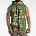 Aussie Santa Budgie Christmas Sleeveless Zip Hoodie Green Parakeet Tropical Floral