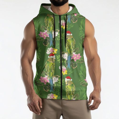Aussie Santa Budgie Christmas Sleeveless Zip Hoodie Green Parakeet Tropical Floral