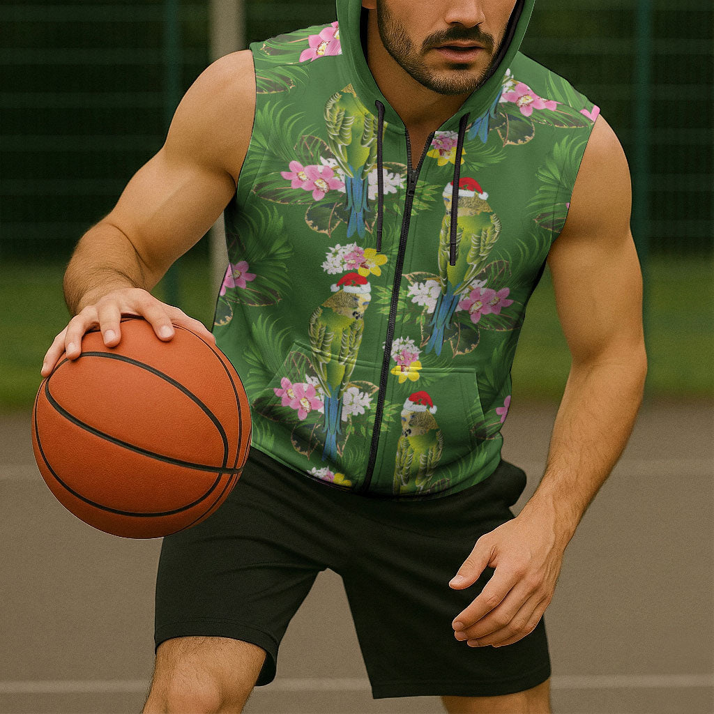 Aussie Santa Budgie Christmas Sleeveless Zip Hoodie Green Parakeet Tropical Floral
