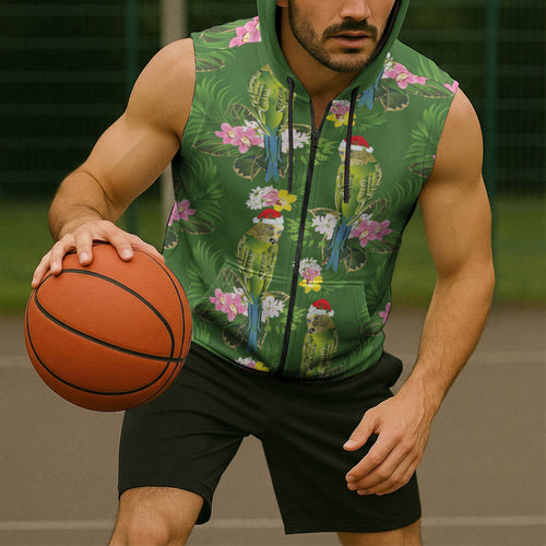 Aussie Santa Budgie Christmas Sleeveless Zip Hoodie Green Parakeet Tropical Floral