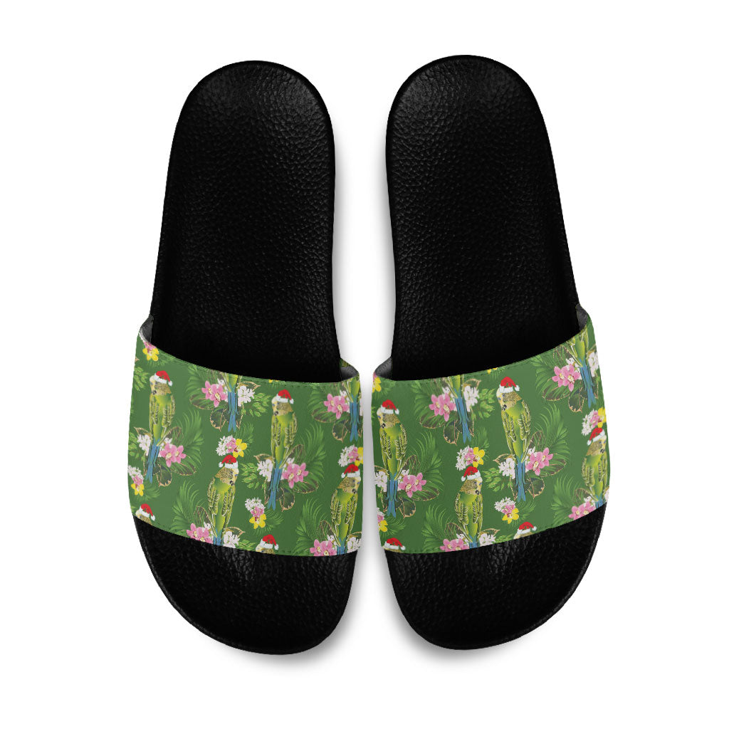 Aussie Santa Budgie Christmas Slide Sandals Green Parakeet Tropical Floral