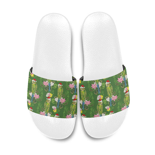 Aussie Santa Budgie Christmas Slide Sandals Green Parakeet Tropical Floral