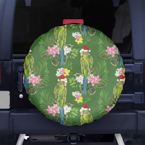Aussie Santa Budgie Christmas Spare Tire Cover Green Parakeet Tropical Floral