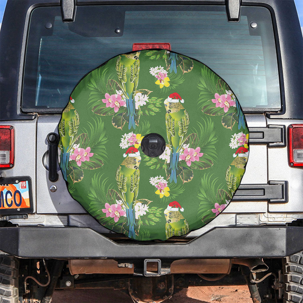 Aussie Santa Budgie Christmas Spare Tire Cover Green Parakeet Tropical Floral