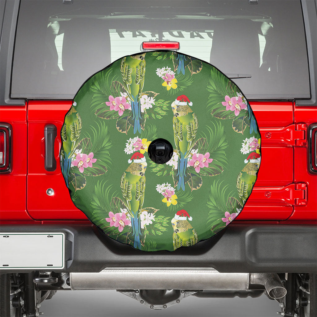 Aussie Santa Budgie Christmas Spare Tire Cover Green Parakeet Tropical Floral