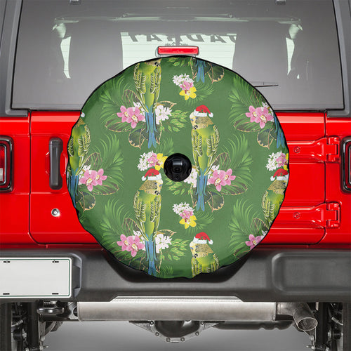 Aussie Santa Budgie Christmas Spare Tire Cover Green Parakeet Tropical Floral