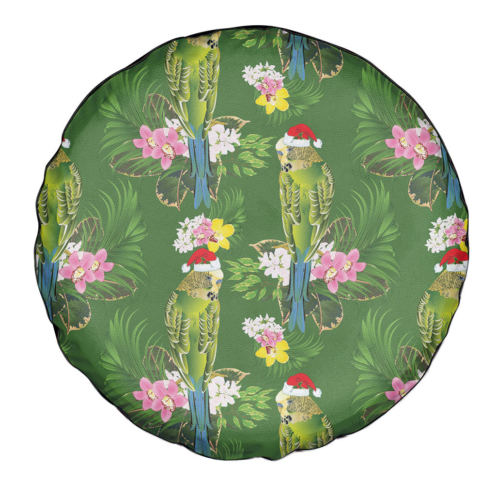 Aussie Santa Budgie Christmas Spare Tire Cover Green Parakeet Tropical Floral
