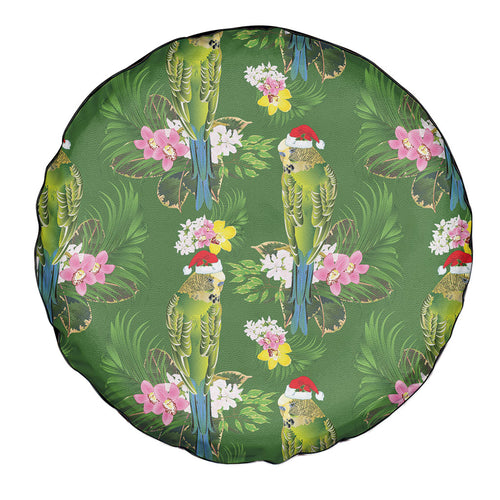 Aussie Santa Budgie Christmas Spare Tire Cover Green Parakeet Tropical Floral