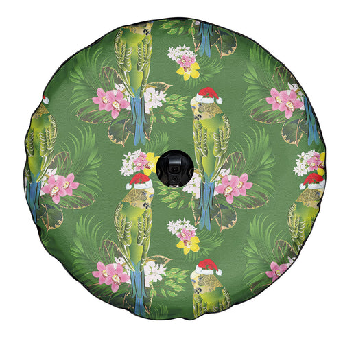 Aussie Santa Budgie Christmas Spare Tire Cover Green Parakeet Tropical Floral