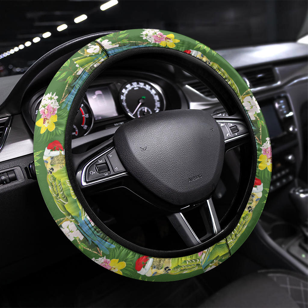 Aussie Santa Budgie Christmas Steering Wheel Cover Green Parakeet Tropical Floral