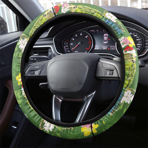 Aussie Santa Budgie Christmas Steering Wheel Cover Green Parakeet Tropical Floral